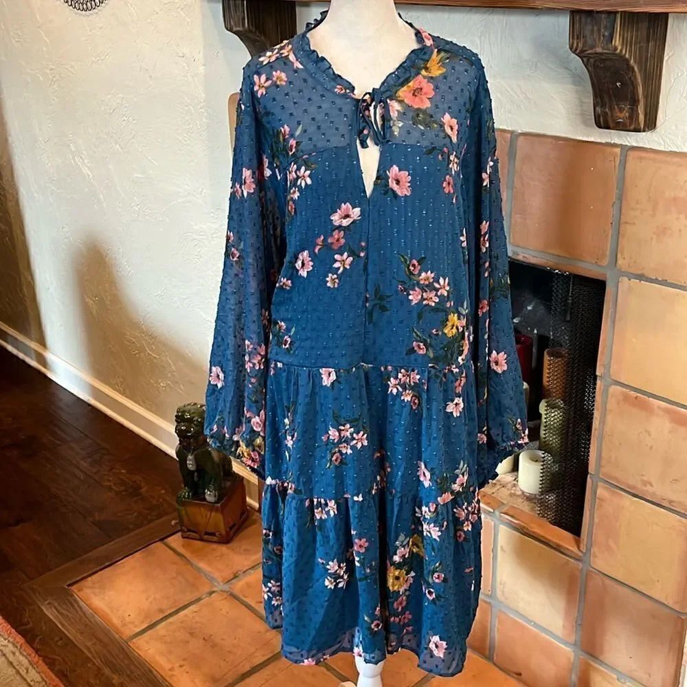 Torrid teal floral Swiss dot dress, 6X!
